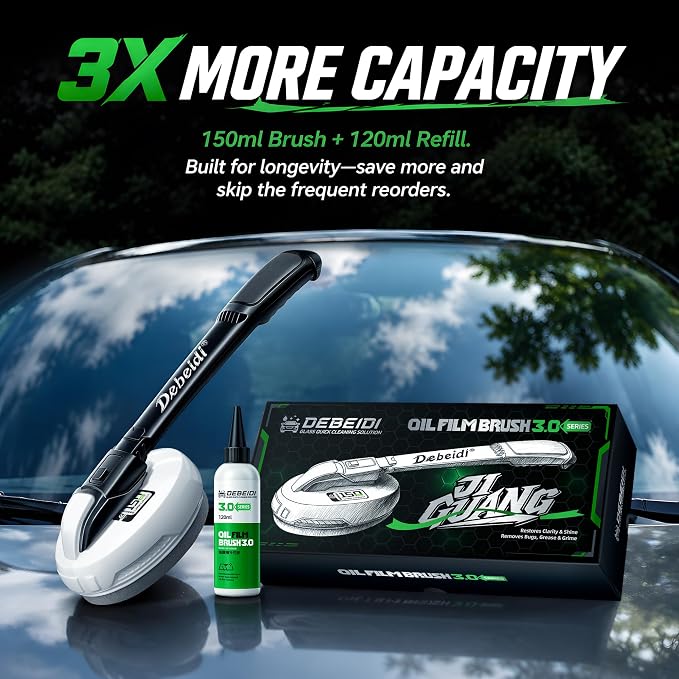 Car Window Oil Film Remover, Long Handle Glass Emulsion Cleaner | Efficient Felt Brush & Windshield Cleaner, Built In Leakproof Valve, 150ml Prefilled + 120ml Refill Bottle