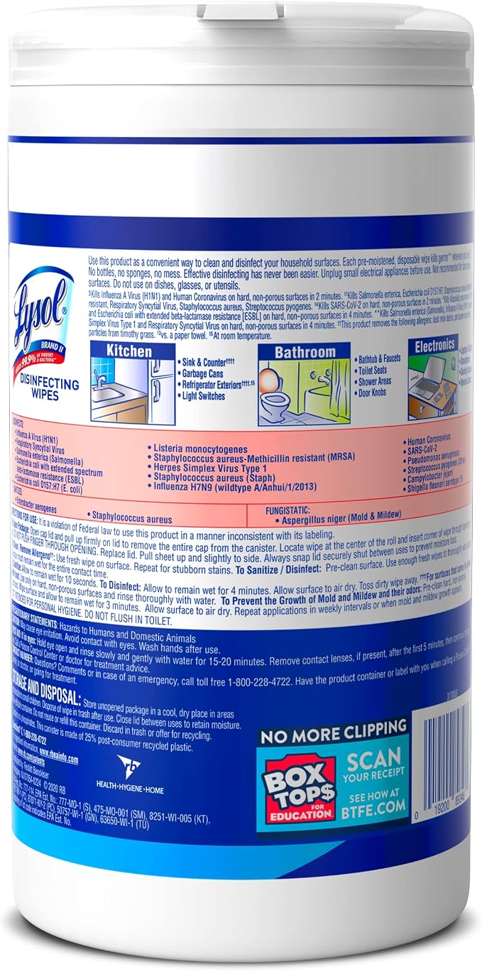 LYSOL Disinfecting Wipes, All Purpose Cleaner, Multi-Surface Antibacterial Cleaning Wipes, Household Cleaning Supplies, Dorm Essentials, Crisp Linen Scent, 80 ct.
