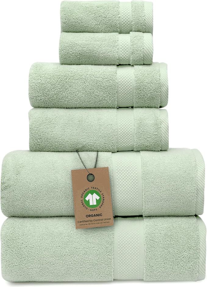 Alusa Home 100% Organic Zero-Twist Cotton Towels - GOTS Certified Luxury Bath Towels - Ultra Soft & Plush 700GSM Long-Staple Cotton - 6 Piece Towel Set (Eucalyptus Green)
