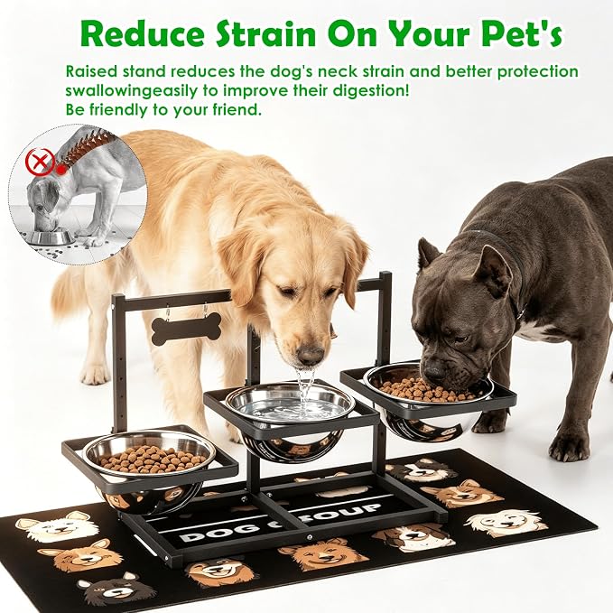 SHAINFUN Elevated Dog Bowls Stand for Large/Extra Large Dogs with Mat, 6 Height Adjustable Raised Dog Bowl, Three 101oz Food Water Bowls