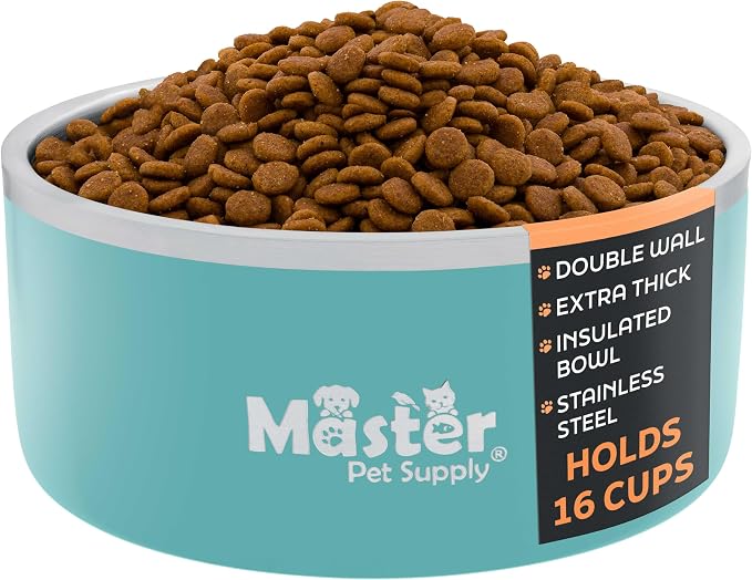 Master Pet Supply Stainless Steel Dog Bowls - 128 oz, Heavy Duty - Aqua Sky, Double Wall Extra-Thick Insulated, Non-Slip Pet Water Bowl for Dogs, Cats & Pets, Anti Rust Metal, Dish Washer Safe