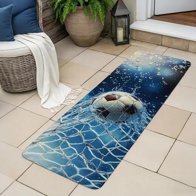 Large Entryway Rug 31.5"x63", Soccer Ball Absorbent Non Slip Indoor Outdoor Floor Mat, Wet Net Power Shot Blue Football Low Profile Area Rug for Front Entrance Mudroom Patio Garage Double Door
