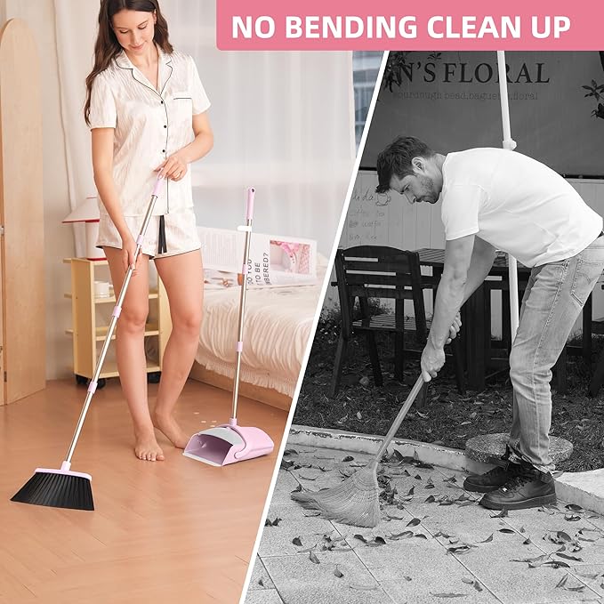 Pink Broom and Dustpan Set for Home, 52-in Long Handle Broom with Dustpan Combo with Dustpan Teeth Easy to Scrape Off Pet Hair, Indoor&Outdoor Sweeping（Pink）