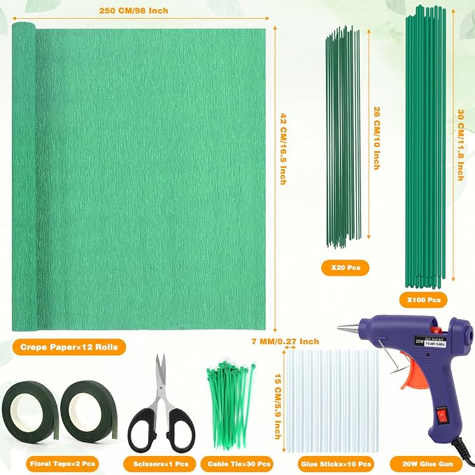 176 Pcs Crepe Paper Roll Set, 12-Color 16.5×98 Inches Heavy Crepe Paper with Glue Gun, Scissors, Wire, Gardening Tape, Suitable for Handmade Paper Flowers, DIY Projects, Wedding & Party Decorations
