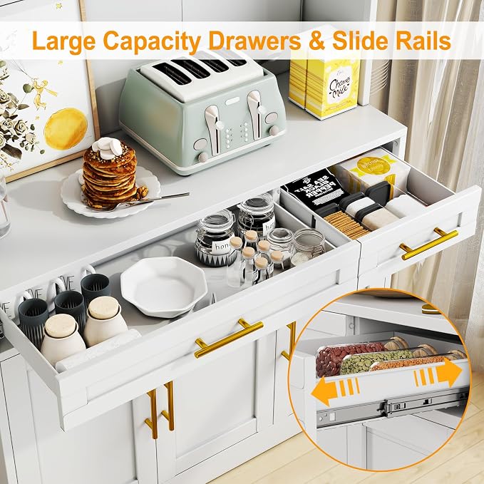 GAIOUS 71" Metal Kitchen Pantry Cabinet, Buffet Sideboard with Drawers | 6 Doors 4 Adjustable Shelves Open Countertop Charging Cable Hole Coffee Bar Cabinet Cupboard for Dining Living White