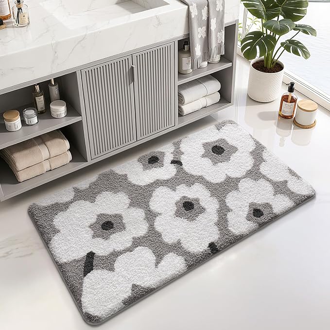 LUMI Bathroom Rugs Cute Floral Design, Soft Absorbent Microfiber Bath Mat Non-Slip, Machine Washable Quick Dry Grey Luxury Rug Flower for Floor, Bathtub, Home Decor, 24"x36"