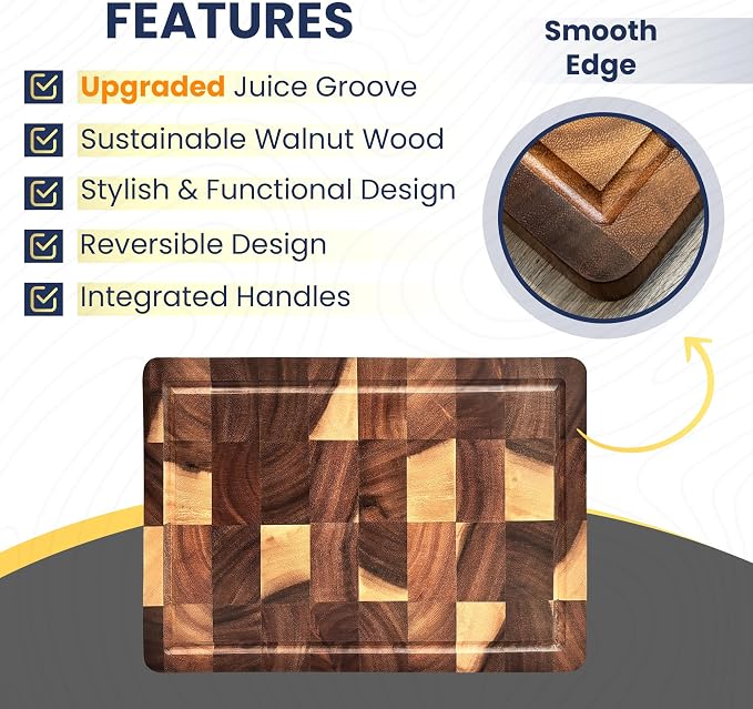 Walnut Wood End Grain Cutting Board for Kitchen with Juice Groove, Inner Handles, Heavy-Duty Butcher Block, Wooden Chopping Board, Charcuterie Boards 17" x 12" x 1" (17" x 12" x 1")