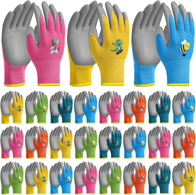 24 Pairs Kids Gardening Gloves Kids Children Yard Grippy Rubber Coated Garden Work Gloves for Girls Boys Outdoor (Medium, Age 6-8)