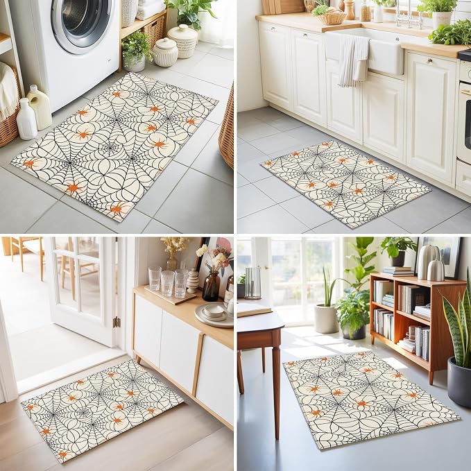 Entryway Area Rug 2'x3', Halloween Washable Small Area Rugs for Kitchen Bathroom Bedroom Office Laundry, Orange Black Net Classic Spiders Gingham Non Slip Door Mat Indoor Entrance Floor Throw Carpet