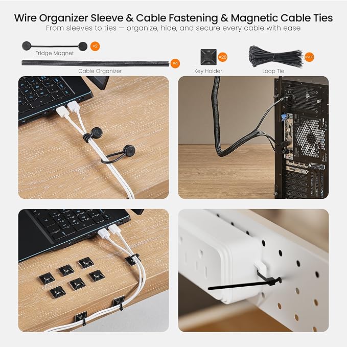 EUREKA ERGONOMIC Metal 316 PCS Cable Management Organizer Kit Cable Raceways, 6 Cable Holder, 4 Cord Sleeve, 60 Wire Clips, 2 Roll Self Adhesive Wire Ties, 100 Zip Ties Under PC Desk, Black