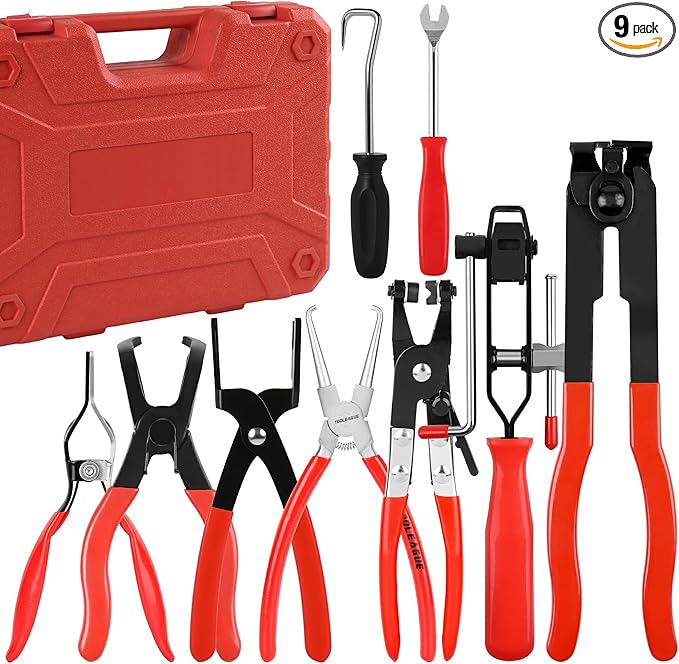 TOOLEAGUE 9Pcs Fuel Line Disconnect Pliers Set,9" Fuel Filter Caliper, Removal/CV Joint Boot Clamp/Flat Hose Clamp/30 Degree Disconnect Pliers Set for Auto Maintenance with Storage Case