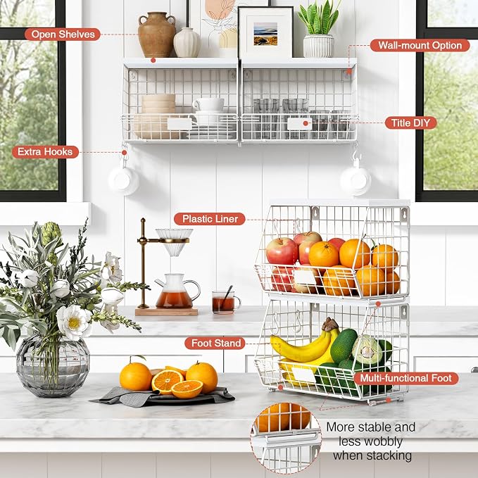 Goozii Wall Mount Bathroom Storage Basket, Fruit Produce and Vegetable Baskets for Kitchen Counter, Hanging Wire Storage Basket for Laundry Room Bedroom Closet Pantry Boys Girls Room (White)