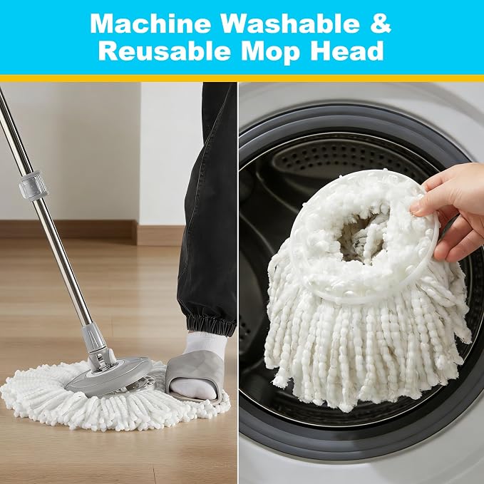 JOYMOOP Spin Mop and Bucket Set, 360° Mop Head & Telescopic Handle, 3 Reusable Microfiber Pads, Wet and Dry Use, Hands-Free Cleaning for Hardwood, Tile, Laminate Floors & Walls