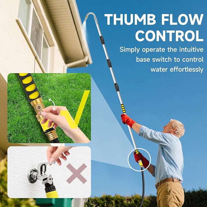 24FT Reach Gutter Cleaning Tools from Ground, Telescopic Rain Gutter Cleaners Tool with Hose Attachment and Heavy Duty Wand & Connecting Adapter