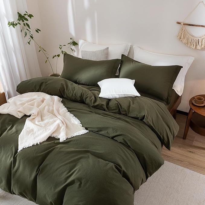 Olive Green Duvet Cover Super Queen Size, 100% Washed Cotton Bedding Set Cover 1 Duvet Cover 98inch x 90inch with Zipper Closure and 2 Pillowcases, Olive Green