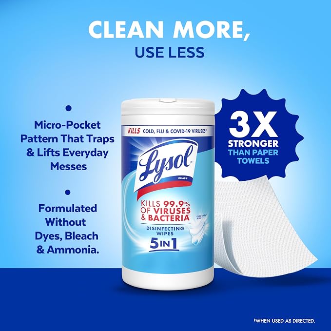 LYSOL Disinfecting Wipes, All Purpose Cleaner, Multi-Surface Antibacterial Cleaning Wipes, Household Cleaning Supplies, Dorm Essentials, Crisp Linen Scent, 80 ct.