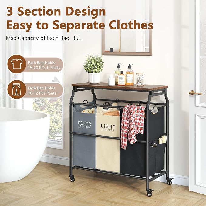 Hoctieon 3 Section Laundry Sorter with Iorning Board, Hamper with Wheels | Black+Gray+Beige,Lockable Wheels, Laundry Basket Organizer, Heavy Duty Clothes Separator, Removable Bags,Rolling Laundry Cart