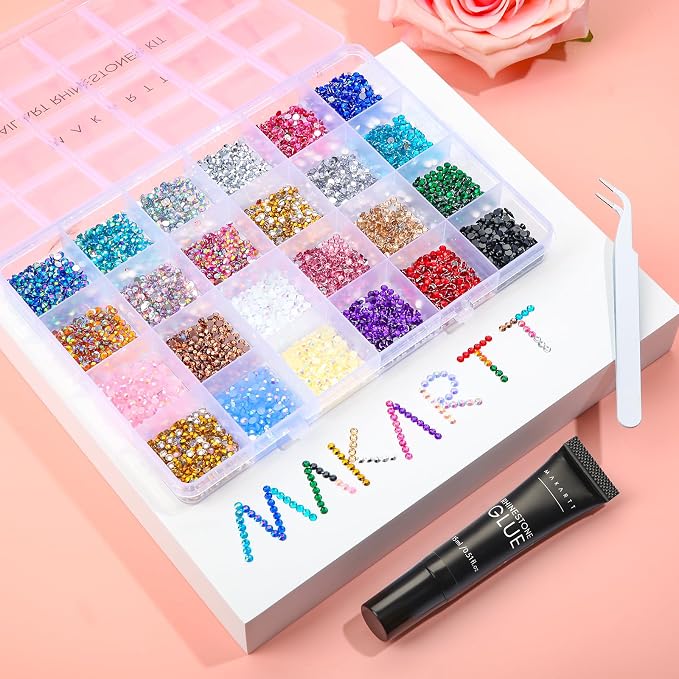 Makartt Nail Rhinestone Glue Kit: 15ml Strong Gems Adhesive Gel with 3360pcs 24 Colors Flatback Crystals Rhinestones for 3D Nails Art, Includes Tweezer, Home & Salon Manicure Kit