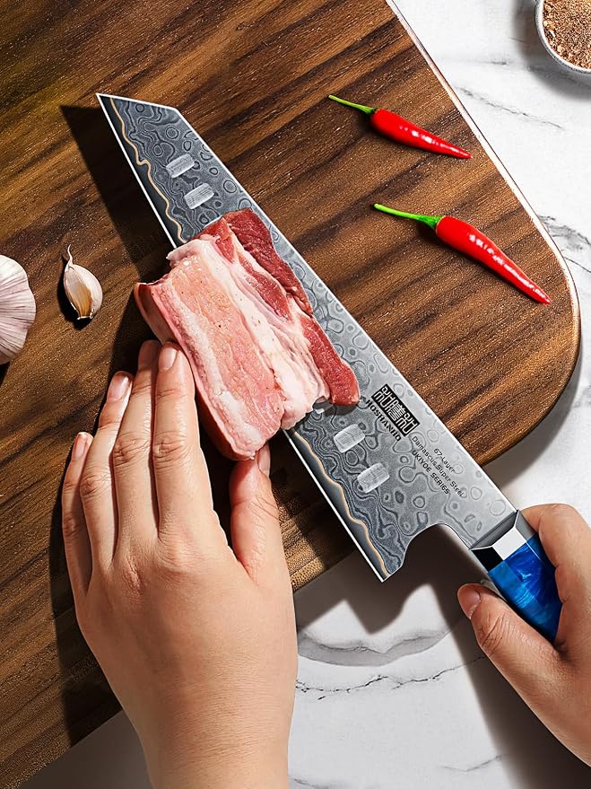 HOSHANHO 7" Damascus Santoku Knife, 67-Layer Damascus Kitchen Chef Knife | Ultra Sharp Professional Kitchen Knives with Ergonomic Blue Resin Stabilized Wood Handle and Wood Gift Box
