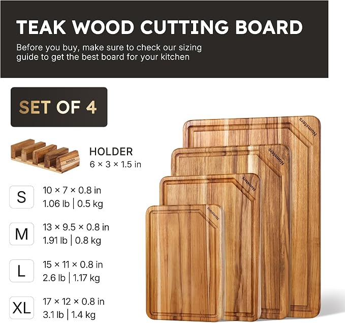 4 Pack Teak Wood Cutting Board Set with Holder Non Slip Over Sink Wooden Chopping Board for Fresh Meat Vegetable Thick Haus Perfect for Charcuterie Juice Groove Holiday Gift Ideas for Men and Women