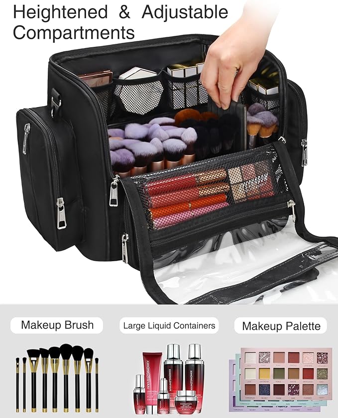 TANTO Makeup Brush Bag, Extra Large Makeup Case Professional Makeup Artist Bag Stand-up Cosmetic Bag Travel Makeup Brush Case with Shoulder Strap and Adjustable Divider