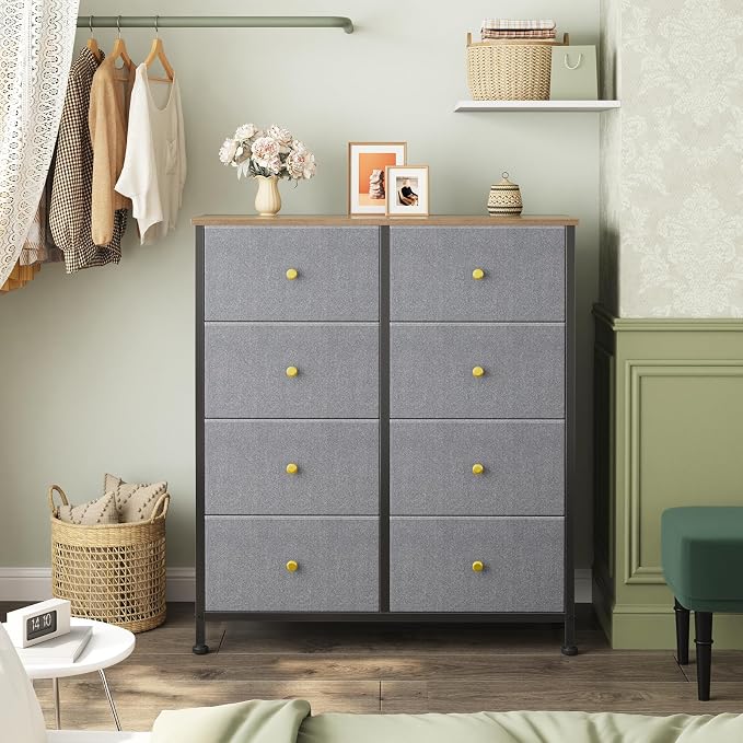 OLIXIS 8 Drawer Storage Dresser with Wood Top - Wide Fabric Chest Organizer for Bedroom, Closet, Living Room,Tower Cabinet, TV Stand, Hallway Entryway Furniture,Gray Blue