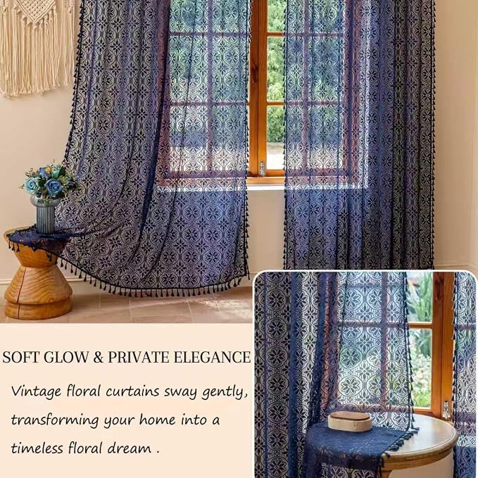 Sutuo Home Boho Lace Curtains for Living Room Dining Room, Floral Semi Sheer Curtains with Tassels Cottagecore Farmhouse Privacy Crochet Vintage Chic Drape Rod Pocket, 2 Panels 50" x 96" Navy Blue