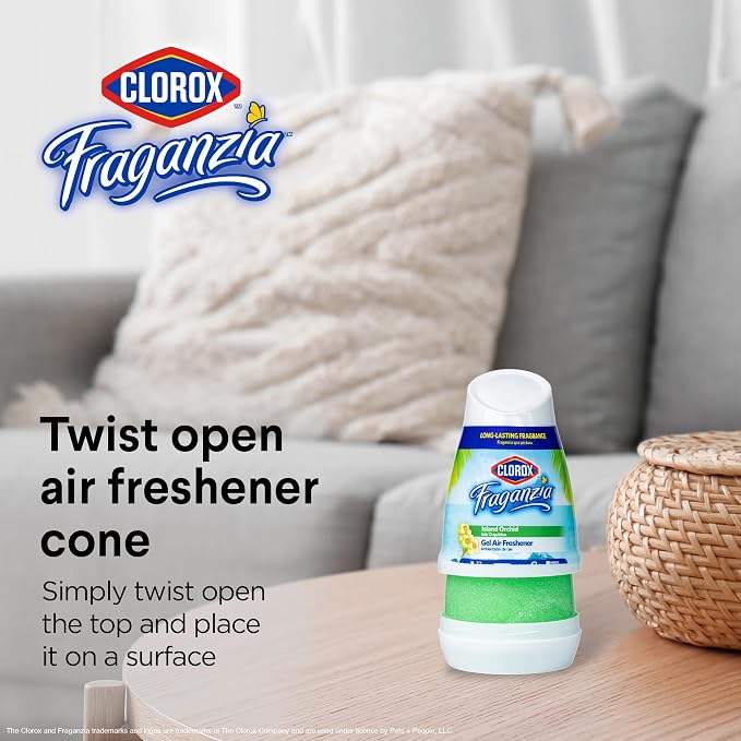 Clorox Fraganzia Gel Air Freshener Cone, Island Orchid Scent - No-Plug, Battery-Free Air Freshener for Small Rooms, Closets, Kitchens, Bathrooms, Offices and More, 6 Ounce