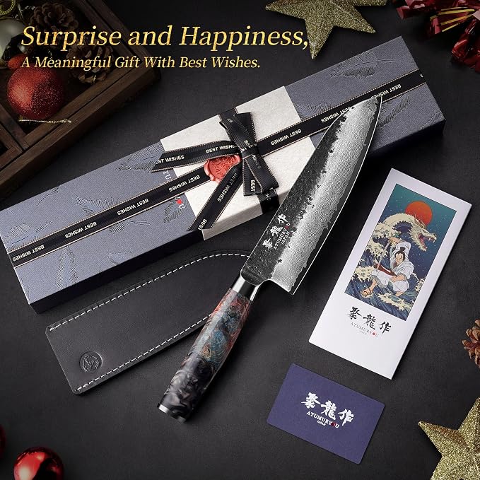 7 Inch Japanese Damascus Santoku Knife, VG10 Steel Forged | Kurouchi Forged Finish, Slice • Dice • Mince, Wide Blade Versatility, Leather Sheath Included, Premium Gift Box