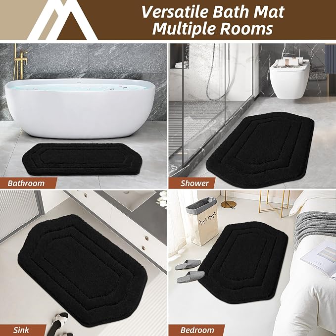 COSY HOMEER Bathroom Rugs Mat 17”x27” Absorbent Non-Slip Bath Mat Plush Shaggy Machine Washable Bath Rugs Soft Polyester Bath Mats for Bathroom Floor,Tub and Shower,Black