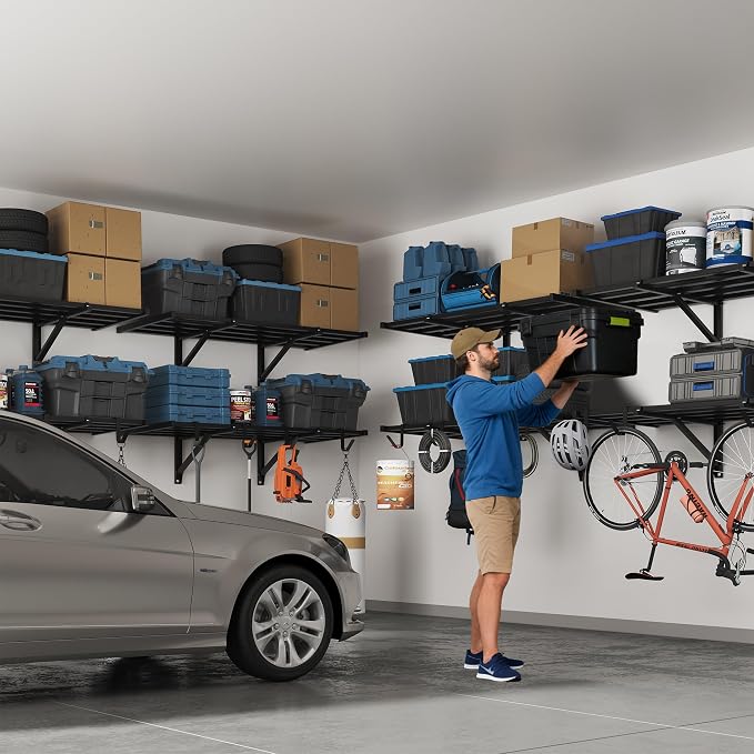 FLEXIMOUNTS 2x4ft Heavy Duty Garage Wall Shelving, 4-Pack Garage Shelving Wall Mounted with 8 Hooks, 400lbs Capacity, Storage for Power Tools, Garden Supplies, Storage Bins, Lite Series