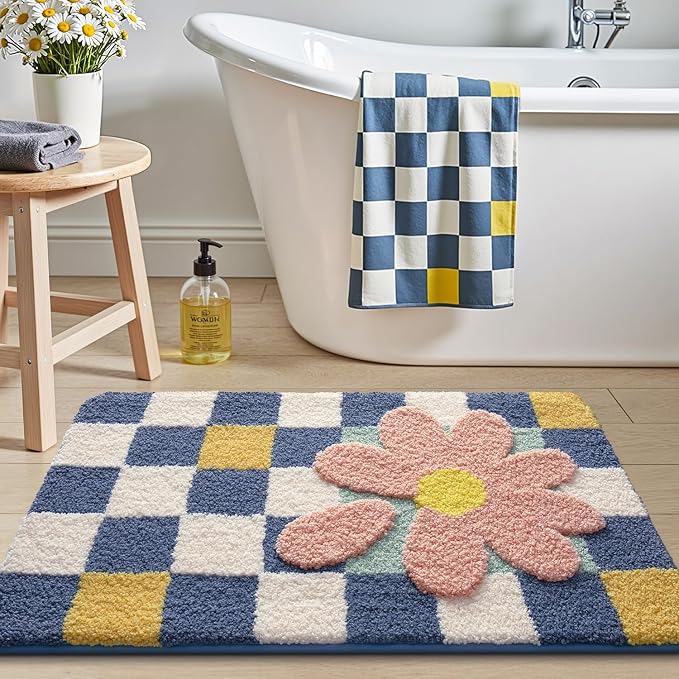 LUMI Bathroom Rug 16x24, Soft Absorbent Microfiber Bath Mats, Machine Washable Bath Rugs with Non-Slip Backing, Checkered Design Floor Mat for Bathroom, Shower and Bathtub Floor, Grid Flower