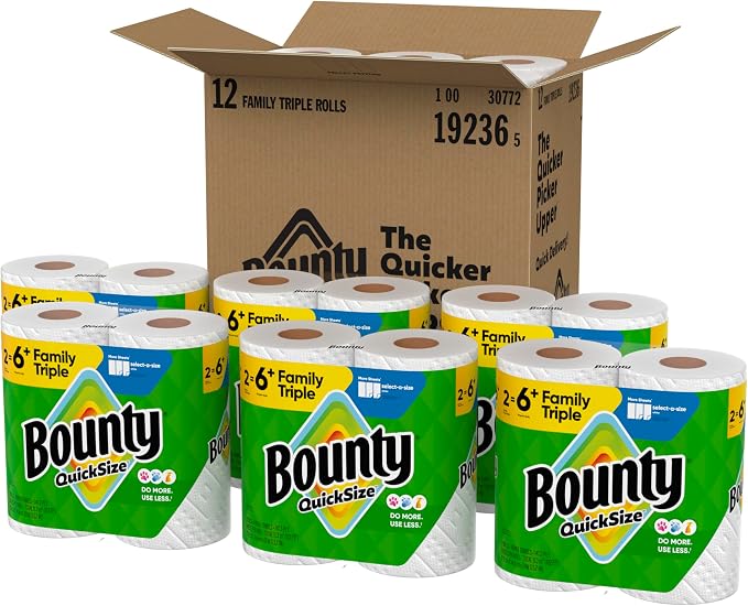 Bounty Quick-Size Paper Towels, White, 12 Family Triple = 40 Regular Rolls