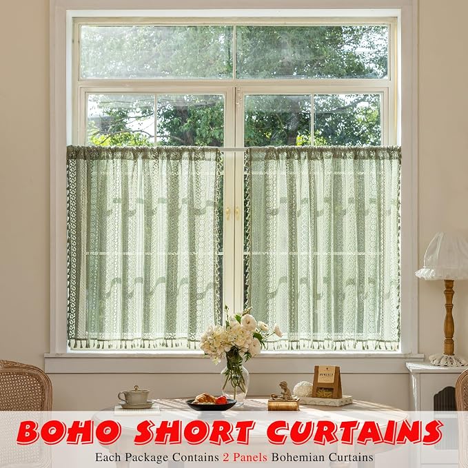 Sutuo Home Sage Green Boho Lace Short Curtains 2 Panels 50" W x 36" L | Sheer Valance Curtains For Kitchen Window Over Sink Drape Closet Crochet Privacy Farmhouse Vintage Tassels Rod Pocket