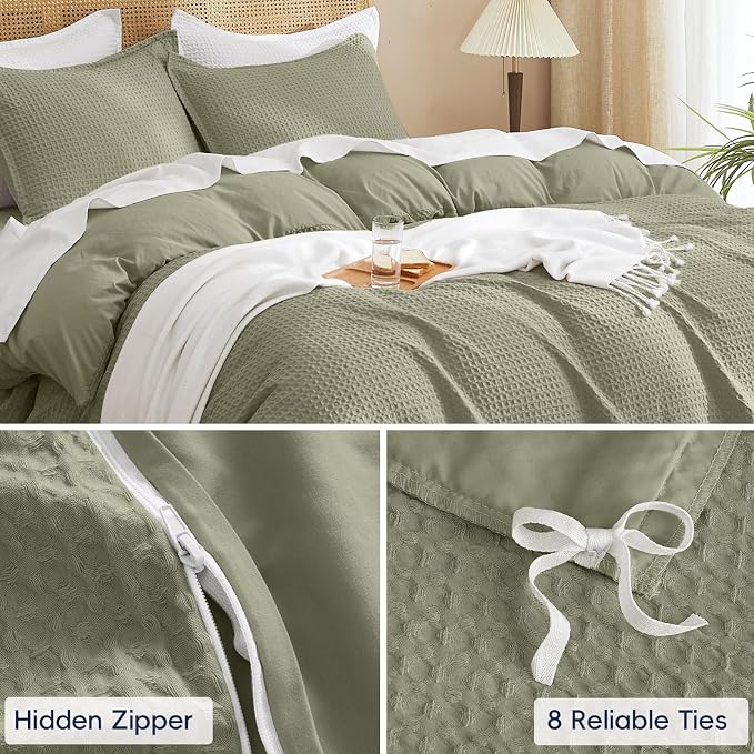 PHF Waffle Duvet Cover Set King Size, No Snagging Ultra Soft Luxury Textured Breathable Comforter Cover for All Season 3pcs, Durable Bedding Duvet Set with 2 Pillow Shams, 104"x90", Dusty Sage