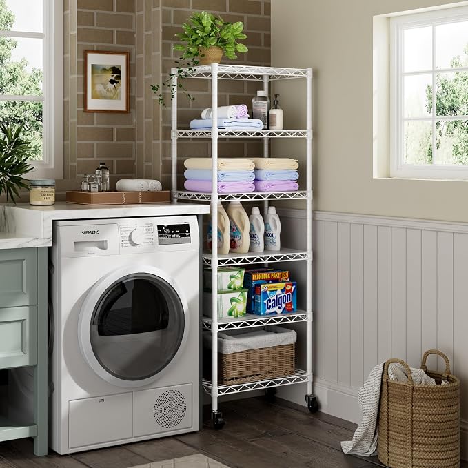 Golpart Small 6 Tier Shelves Storage Wire Shelving Unit Metal Shelf Adjustable Organizers Storage Shelving with Wheels for Bathroom Laundry Room Kitchen Pantry11.7”D x 17.7”W”W x 61.6”H White