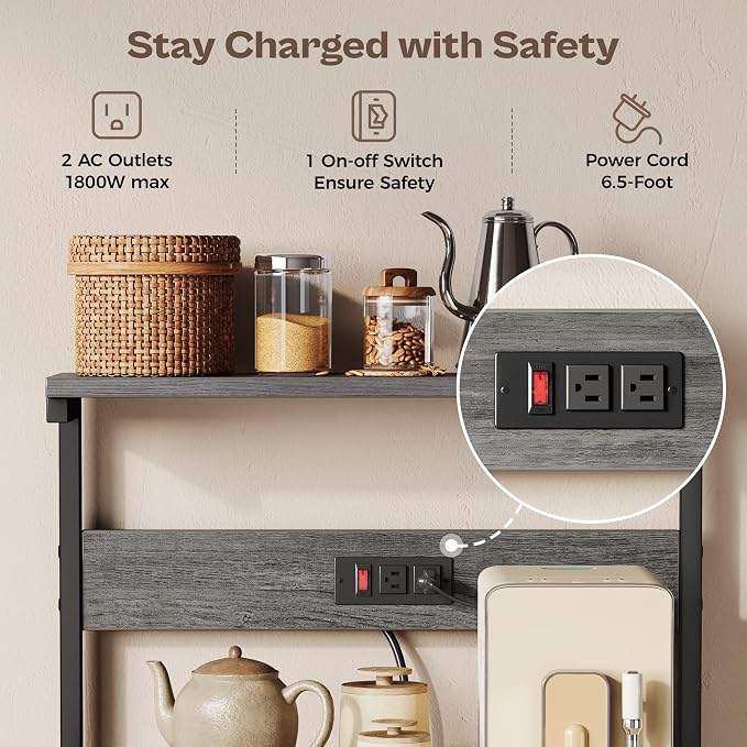SUPERJARE Kitchen Bakers Rack with Power Outlet, Coffee Bar Table 4 Tiers, Kitchen Microwave Stand with 6 S-Shaped Hooks, Storage Shelf Rack for Spices, Pots and Pans - Charcoal Gray