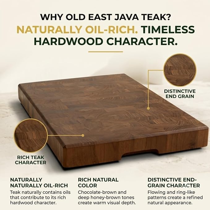 SHUMARU Old East Java Teak End Grain Cutting Board 18.1×12.2×1.6" Thick – Premium Heartwood Butcher Block, Knife-Friendly, Maximum Cutting Surface, Non-Slip Feet & Side Handles