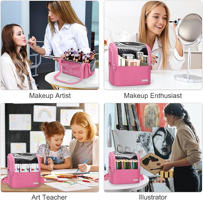 TANTO Makeup Brush Case Stand-up Makeup Cup Makeup Brush Holder Travel Professional Cosmetic Bag Artist Storage Bag Large Makeup Bag with Adjustable Divide (Rose Pink, 1-Large)