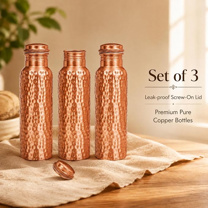 Copper Water Bottle, Ayurvedic Pure Copper Bottle For Drinking - Drink More Water, Lower Your Sugar Intake And Enjoy The health Benefits Immediately - 32 OZ 1Cleaning Brush +3 hammered Bottle