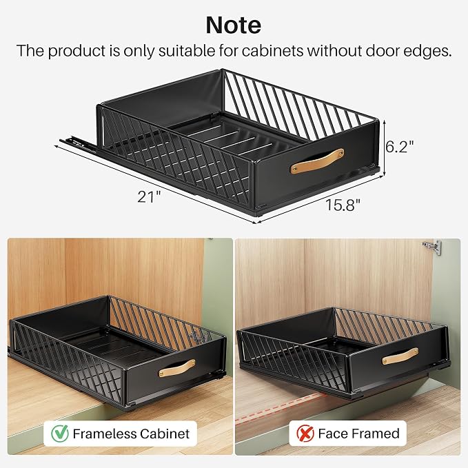 Pull out Cabinet Organizer,Heavy Duty Slide out Pantry Shelves Drawer Storage with Adhesive Nano Film,Sliding Mesh Cabinet Basket with Handle for Kitchen, Bathroom, Home, 15.8"W X 21"D X6.2"H,Black