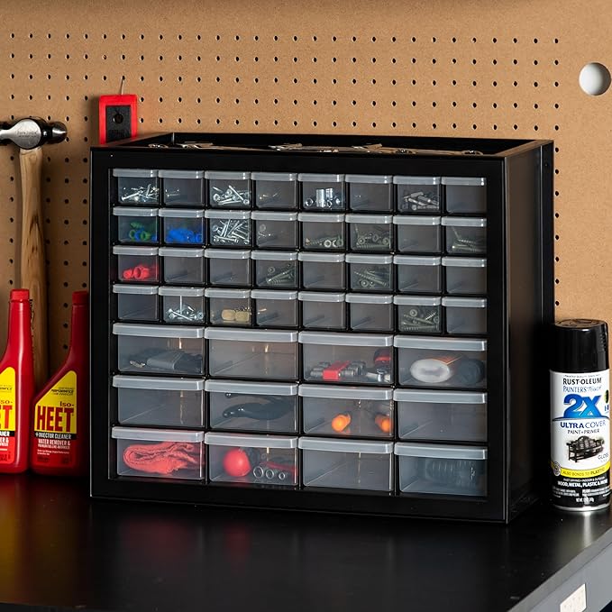 IRIS USA 44-Drawer Small Parts Organizer, Made in USA, Storage Drawers for Screws, Nuts, Bolts, Electronics, Hardware, Beads, Crafts, Building Bricks, Stackable Garage Storage Cabinet, Black