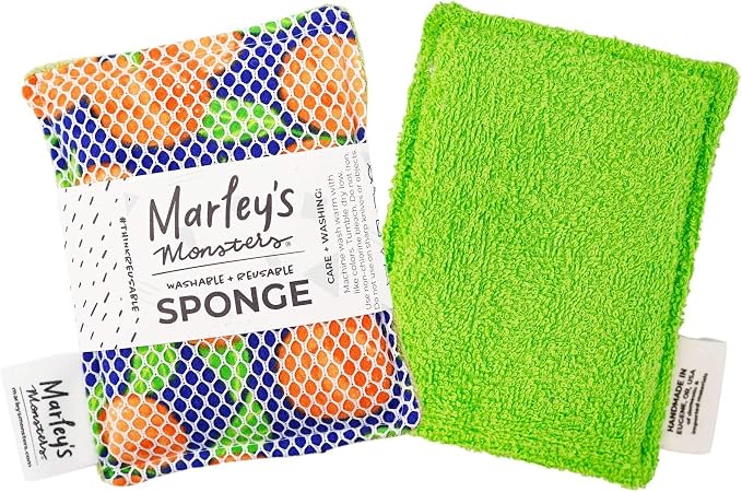 Marley's Monsters Washable Sponge – Reusable Eco-Friendly Scrubber – Dual-Sided for Gentle Cleaning or Heavy Duty Scrubbing – 4" x 5.5" Handmade in USA(Oranges/Green Back)