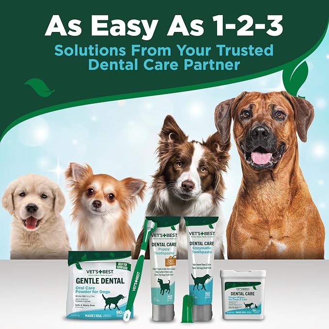 Vet's Best Dog Dental Care Bundle Kit for Dogs & Cats - with 2 Fingerwipes | Enzymatic Toothpaste, Triple Head Toothbrush & Dental Finger Wipes for Plaque Removal, Tartar Control, Teeth Cleaning