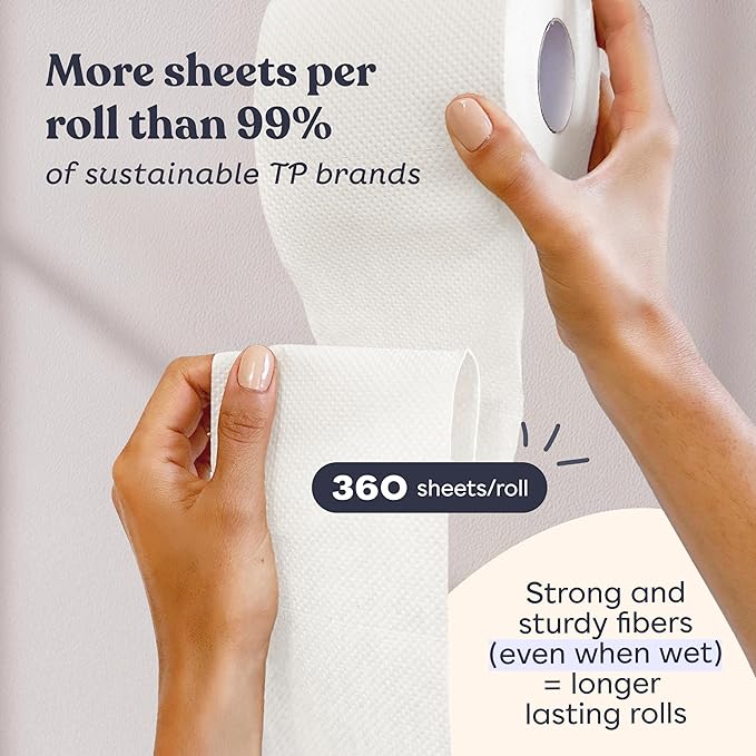 Betterway Bamboo Toilet Paper 3 Ply - Sustainable Toilet Tissue - 36 Long-Lasting Organic Rolls & 360 Sheets Per Roll - Septic Safe - Plastic & PFAS Free - FSC Certified