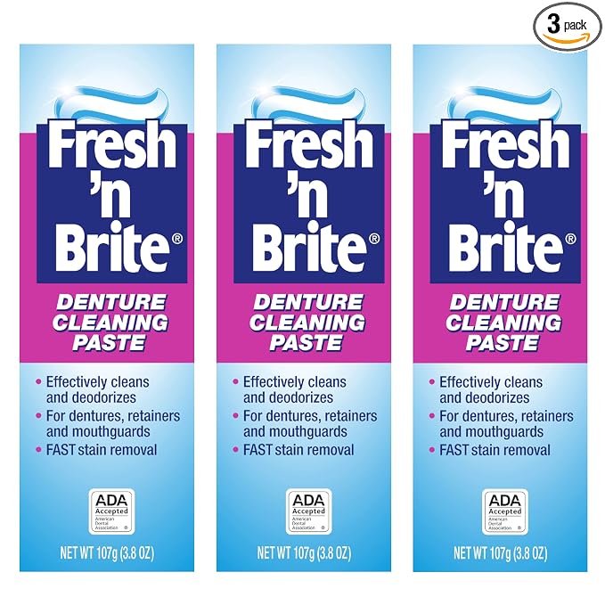 Fresh 'n Brite Denture Cleaning Paste For Dentures, Removable Partial Dentures, Retainers, Mouthguards, Nightguards, Fast Stain Removal, pack of 3, 3.8 oz Tubes