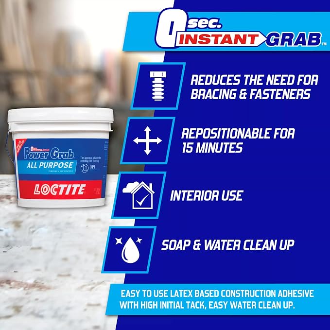 Loctite Power Grab Express All Purpose Construction Adhesive, White, 1 Gallon Pail, 1 Pack - Versatile Construction Glue for Cement, Tile, Wall & More