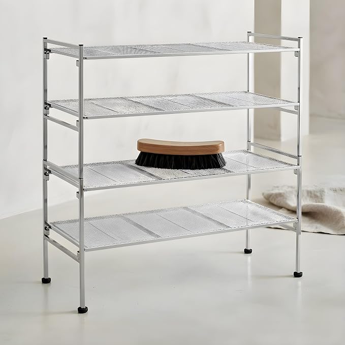 2-Tier Steel Mesh Shoe Rack with Horsehair Shoe Brush Bundle | Assembled Dimensions: 26.25" W x 11.75" D x 15.75" H (each), Steel frame construction for extra stability and versatility