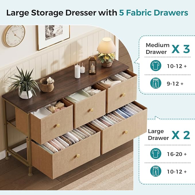 OLIXIS 5 Drawer Dresser for Bedroom, Storage Organizer for Closet, Khaki | Chest of Drawers for Clothes Storage with Bins, Wide Fabric Bedroom Dresser, Wooden Top, Living Room, Black Wood