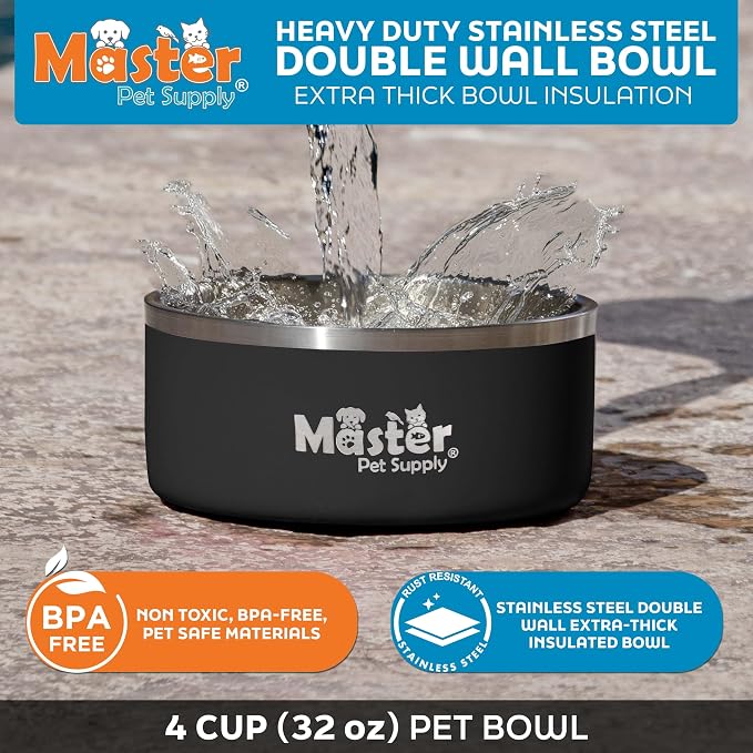 Master Pet Supply Stainless Steel Dog Bowls - 32 oz, Heavy Duty - Black Velvet, Double Wall Extra-Thick Insulated, Non-Slip Pet Water Bowl for Dogs, Cats & Pets, Anti Rust Metal, Dish Washer Safe